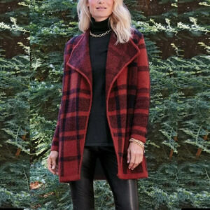 Soft Surroundings Cozy Cottage Cardigan Sweater Plaid Red Black Size Small NEW